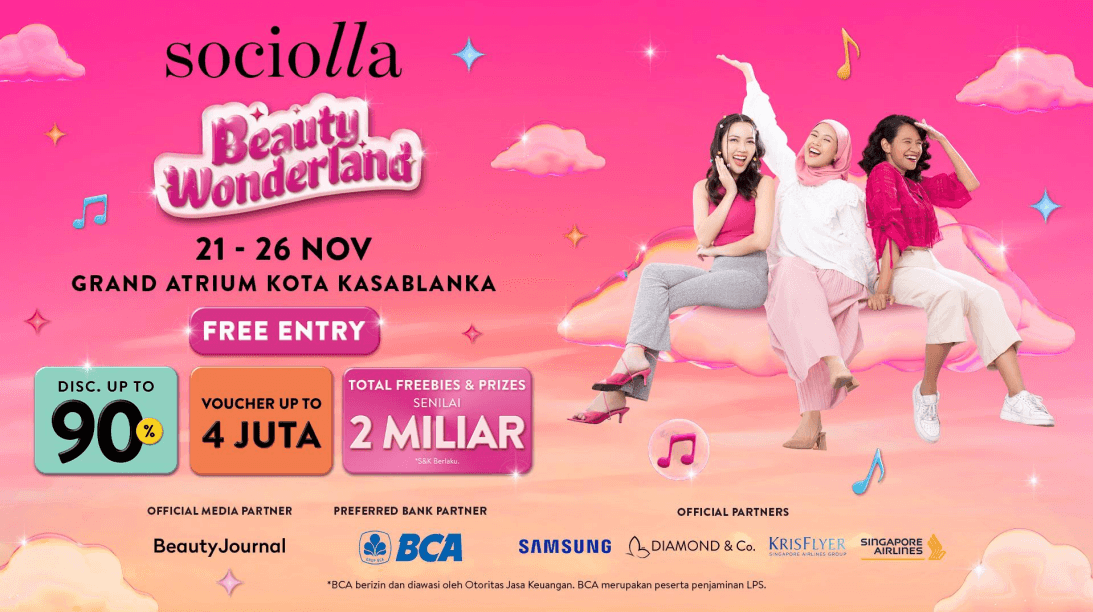 "Sociolla Beauty Wonderland is back in Jakarta, bringing all the beauty vibes!" The party kicks off from November 21 to 26, 2023, at Atrium Mall Kota Kasablanka, Jakarta.